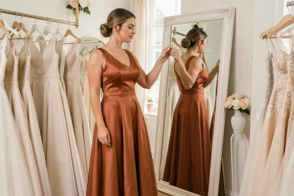 Femme essayant une robe témoin de mariage terracotta en boutique de mariée, style A-line, reflet dans le miroir
