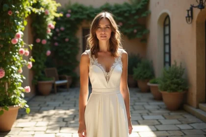 Femme portant une robe trapèze ivoire coupe A-line pour mariage dans un jardin fleuri, silhouette élégante et naturelle