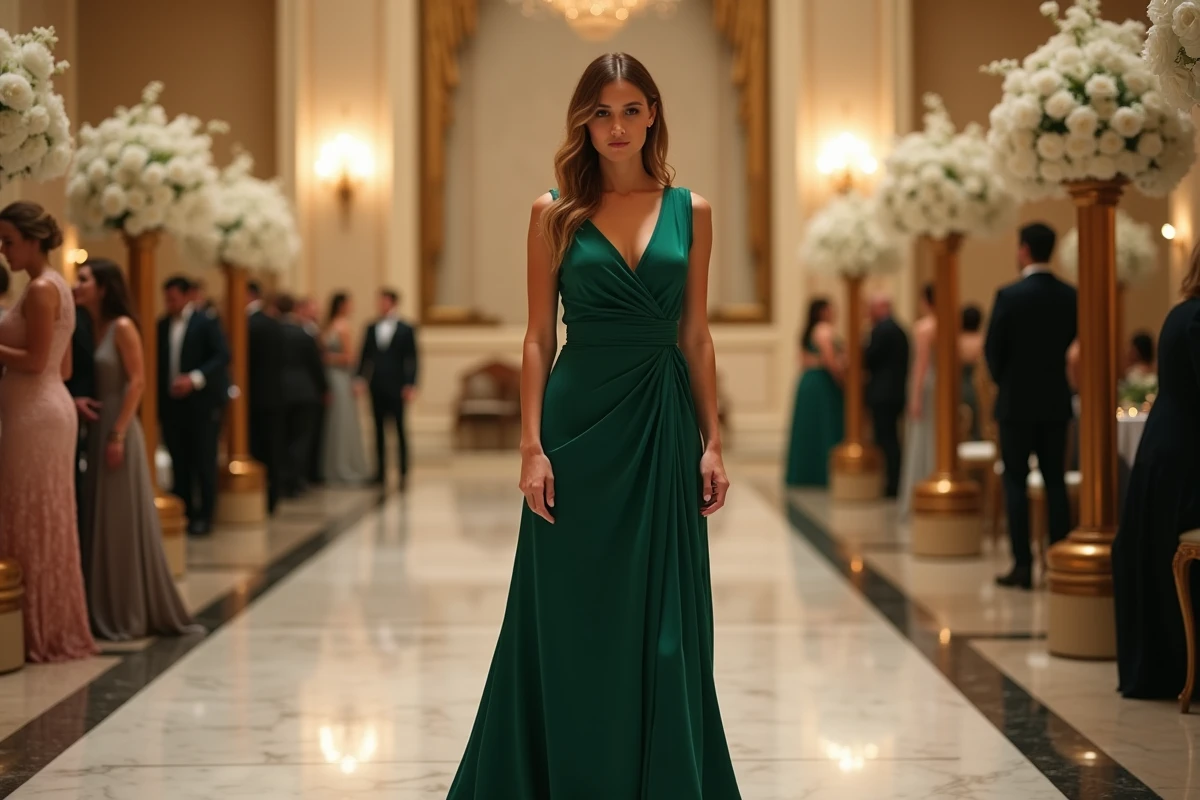 Femme morphologie sablier en robe longue verte portefeuille pour cérémonie de mariage en salle