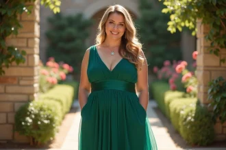 Femme morphologie en poire portant une robe verte évasée style A-line pour un mariage en plein air