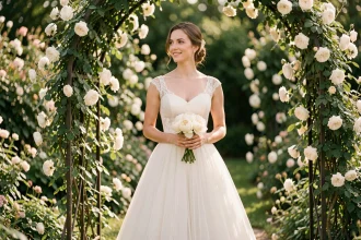 Femme en robe vintage de mariée style années 50 avec jupe en tulle et corsage en dentelle, dans un jardin botanique fleuri