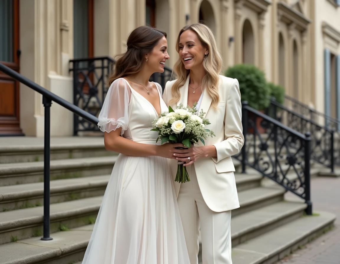 Deux mariées portant des robes et tenues de mariage civil simples et pas chères devant une mairie française classique