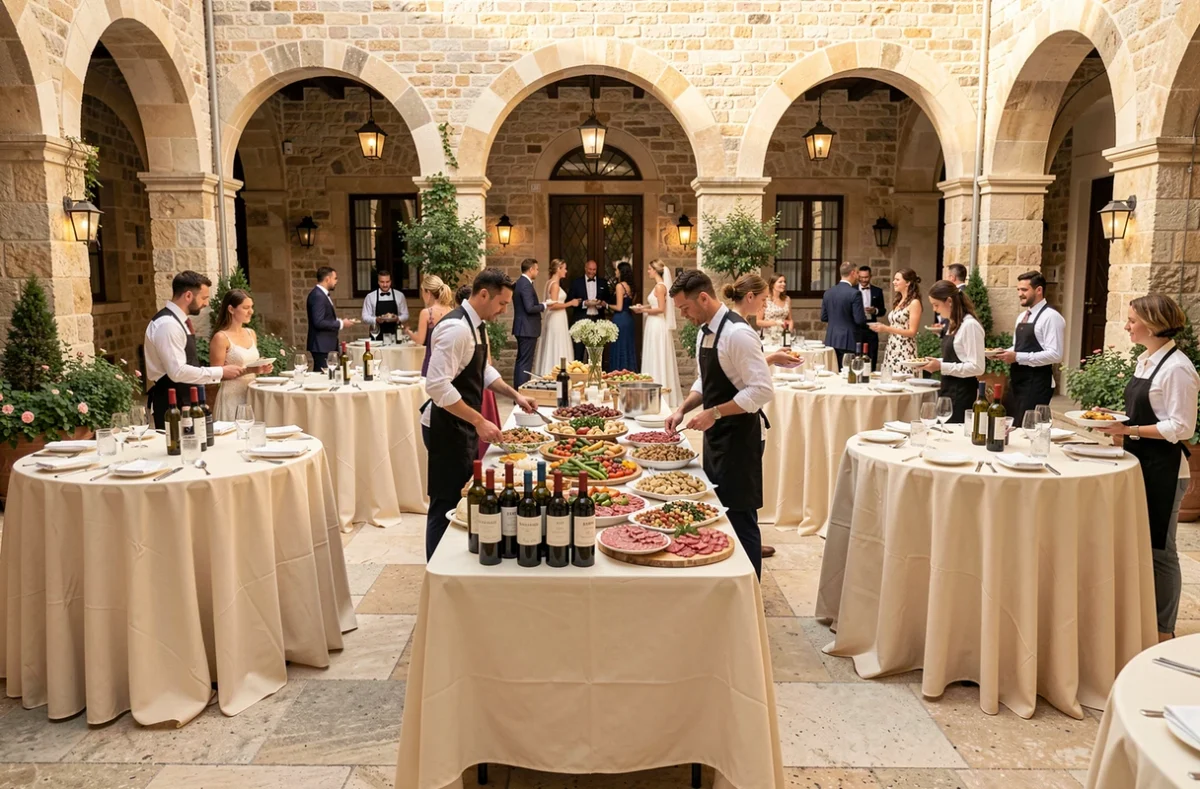 Réception de mariage dans une cour en pierres du Gard avec le service traiteur de Roche Traiteur, buffet méditerranéen et personnel en tablier noir