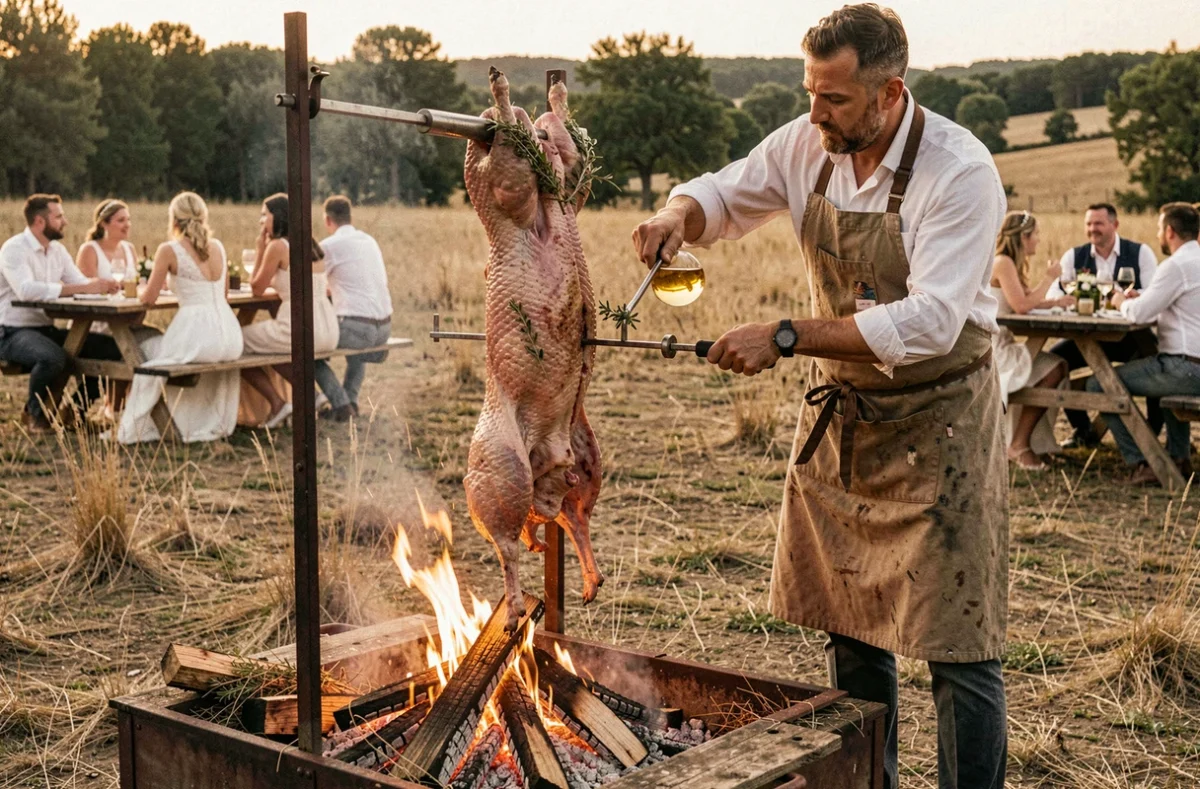 Agneau entier rôti à la broche en plein air par La Rôtisserie Mobile lors d'un mariage champêtre, rôtisseur en tablier devant les braises