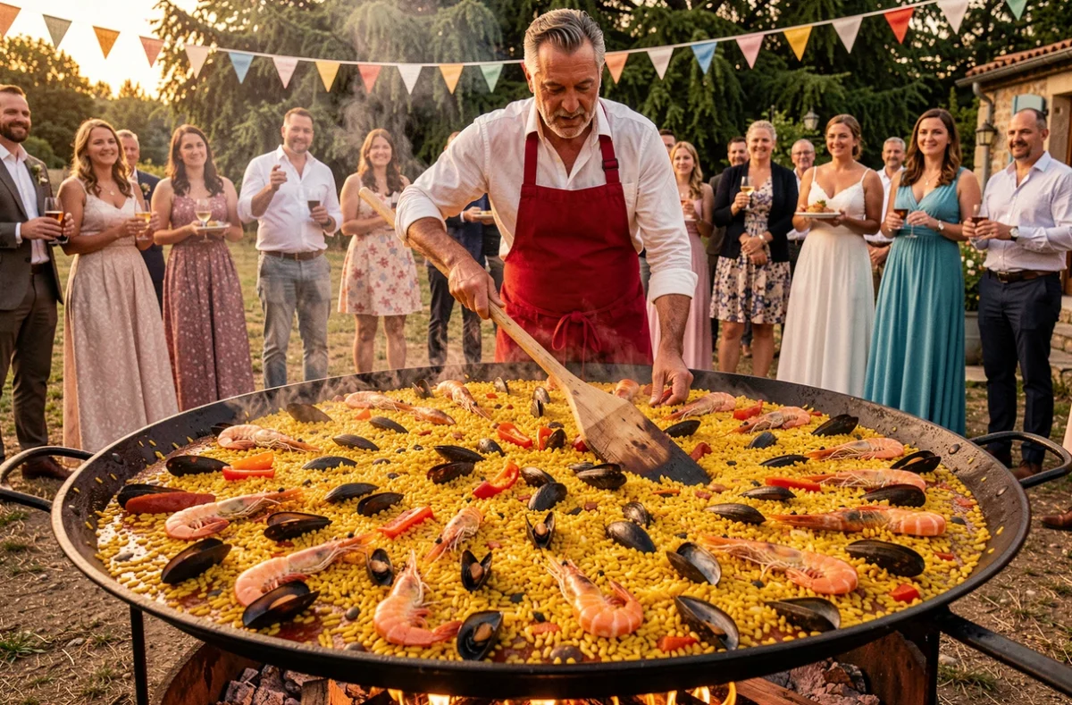 Géante paella festive préparée en plein air par Rotisud 30 à Marguerittes lors d'un mariage, cuisson sur feu de bois et invités en arrière-plan