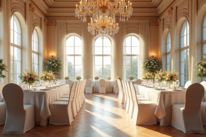 Salle de mariage élégante avant l'événement avec fleurs et décoration