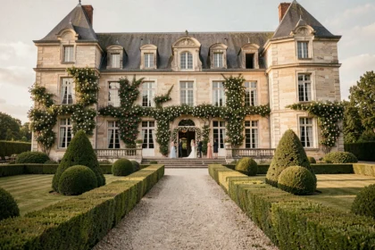 Vue grand angle d'un château de mariage en Bourgogne-Franche-Comté avec jardins fleuris et allée de gravier