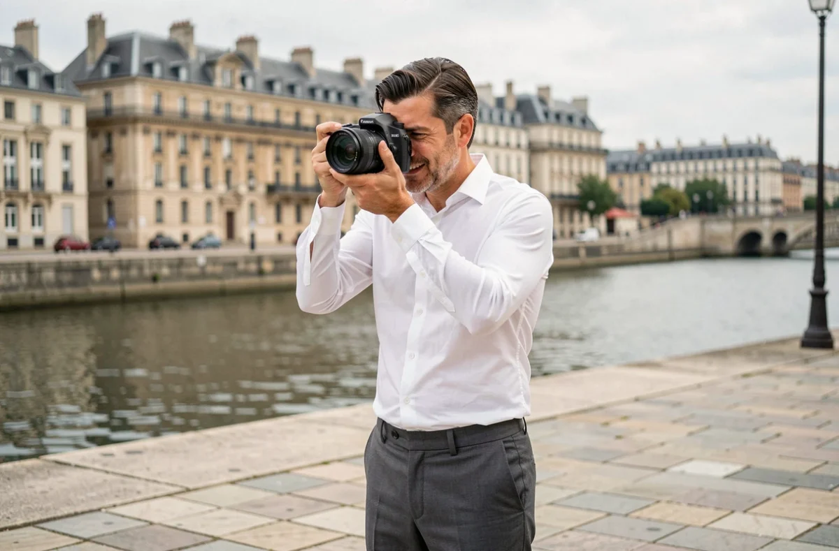 Photographe d'entreprise en pleine séance photo devant les quais de Bordeaux avec la Garonne en arrière-plan