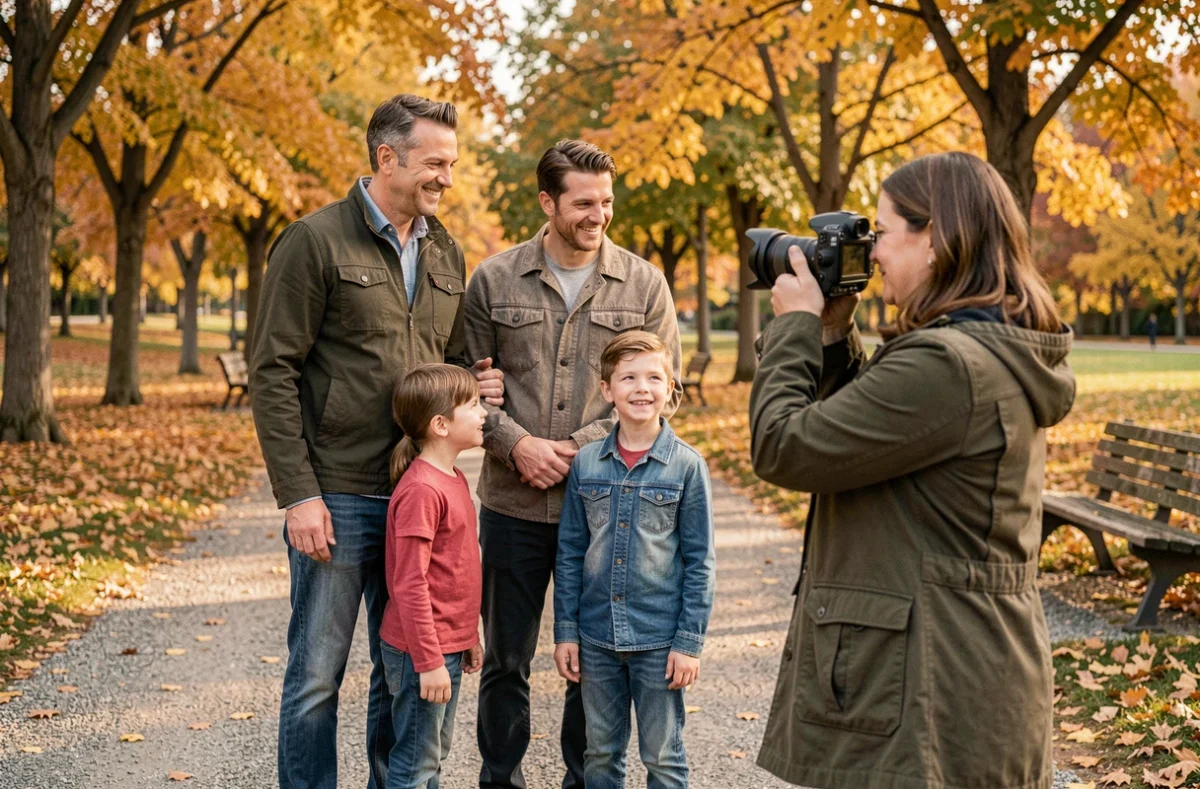 Photographe dirigeant une séance photo en famille en extérieur pour un calendrier photo annuel