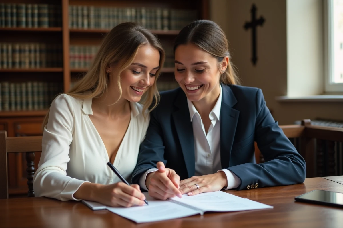 Duo signant des documents de mariage dans une salle d
