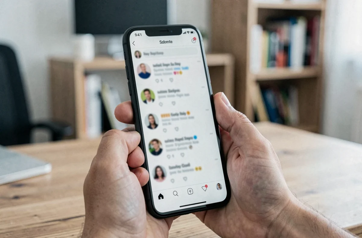 Mains tenant un smartphone affichant des résultats de recherche sur les réseaux sociaux