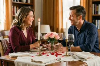 Couple fêtant 15 ans de mariage autour d'une table dressée élégamment à la maison avec bougies et pétales de roses