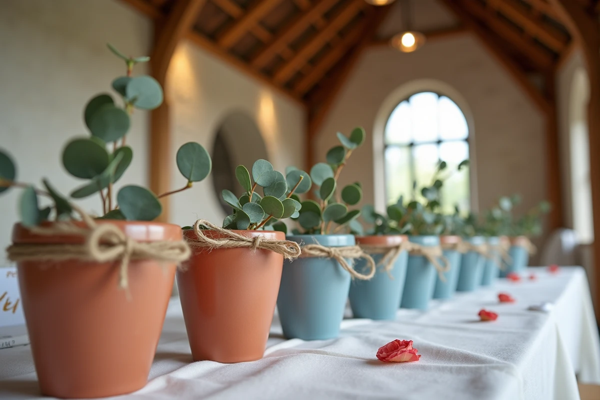 Table cadeaux invités mariage avec rangée d'eco cups personnalisés en terre cuite et bleu poudré décorés de ficelle et d'eucalyptus dans une grange rénovée