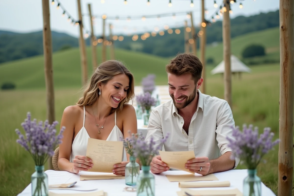 Couple préparant une table de mariage champêtre en plein air dans un champ avec des décorations faites main et un budget maîtrisé
