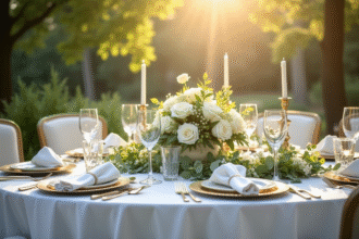 Table de mariage élégante en extérieur avec fleurs blanches