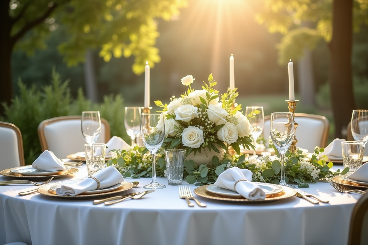 Table de mariage élégante en extérieur avec fleurs blanches