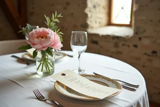 Table de mariage intimiste dressée avec nappe en lin blanc, menu manuscrit et vaisselle en porcelaine dorée dans une salle en pierre