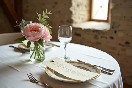 Table de mariage intimiste dressée avec nappe en lin blanc, menu manuscrit et vaisselle en porcelaine dorée dans une salle en pierre