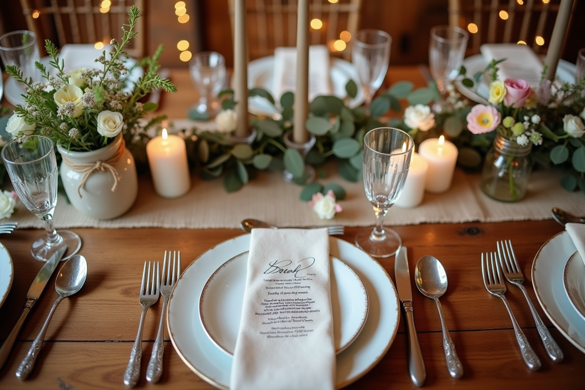 Table de mariage rustique avec décor floral et vaisselle