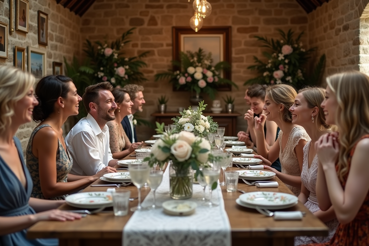 Invités de mariage autour d une table en bois vintage