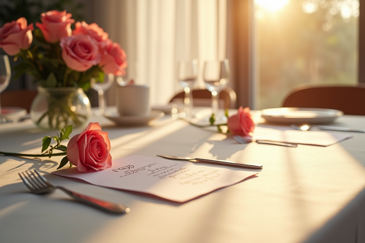 Table d anniversaire avec lettres d amour et roses en papier