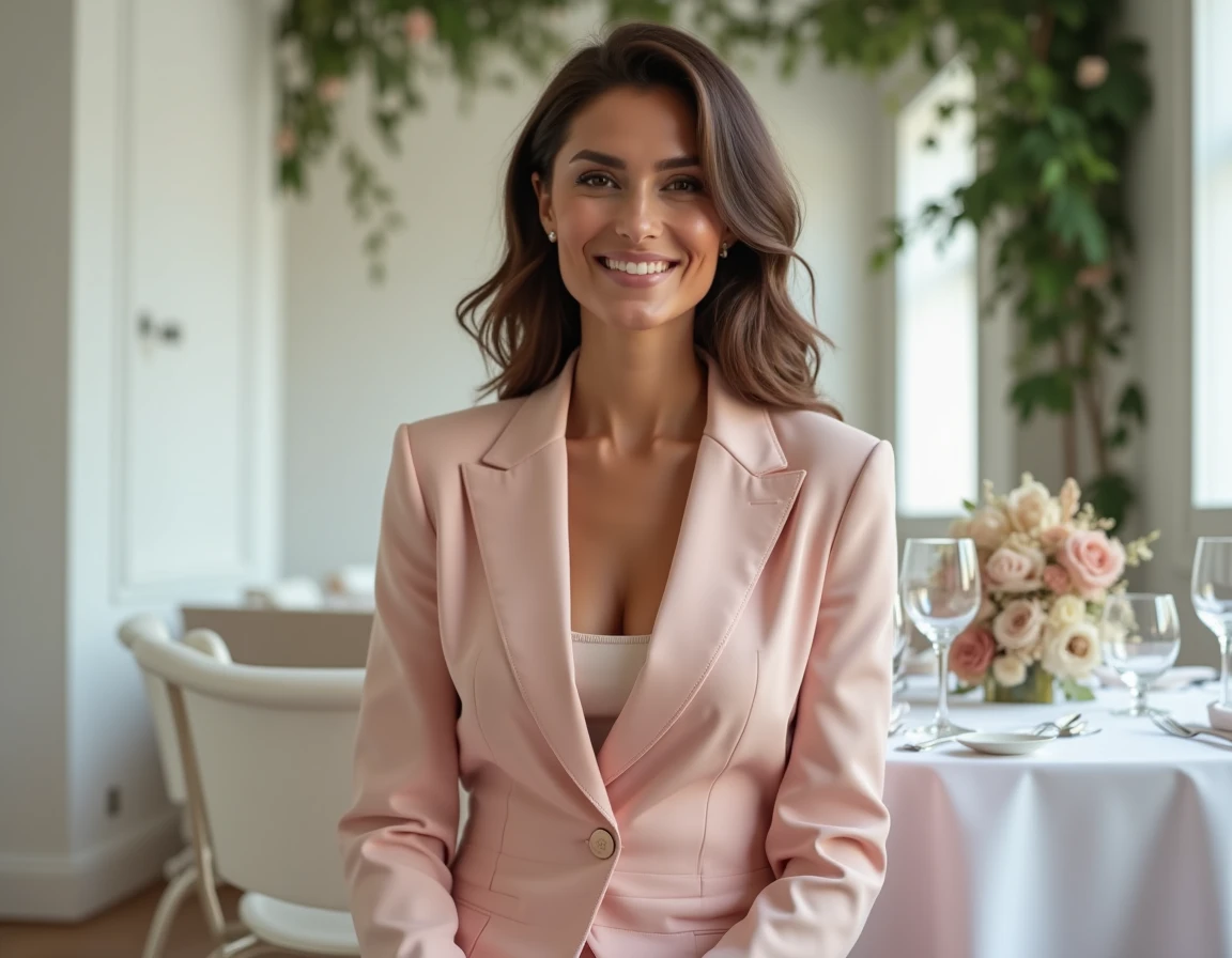 Femme en tailleur rose poudré élégant assise à une table de mariage moderne à Paris
