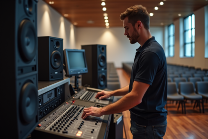 Technicien son ajustant un mixeur lors d'un événement intérieur