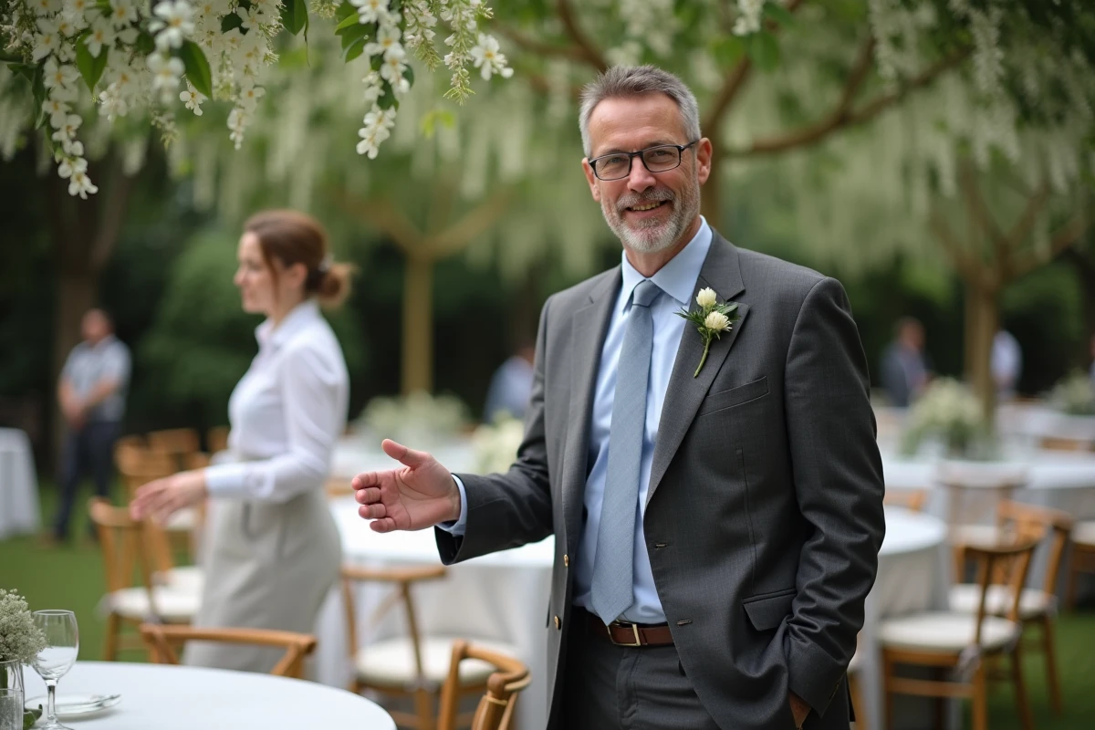 Témoin de mariage en costume gris coordonnant la logistique avec le personnel lors d'une réception en jardin