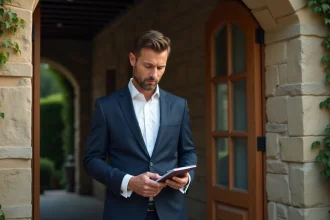 Témoin de mariage en costume marine consultant sa liste de tâches devant un château en pierre, expression concentrée et rassurante