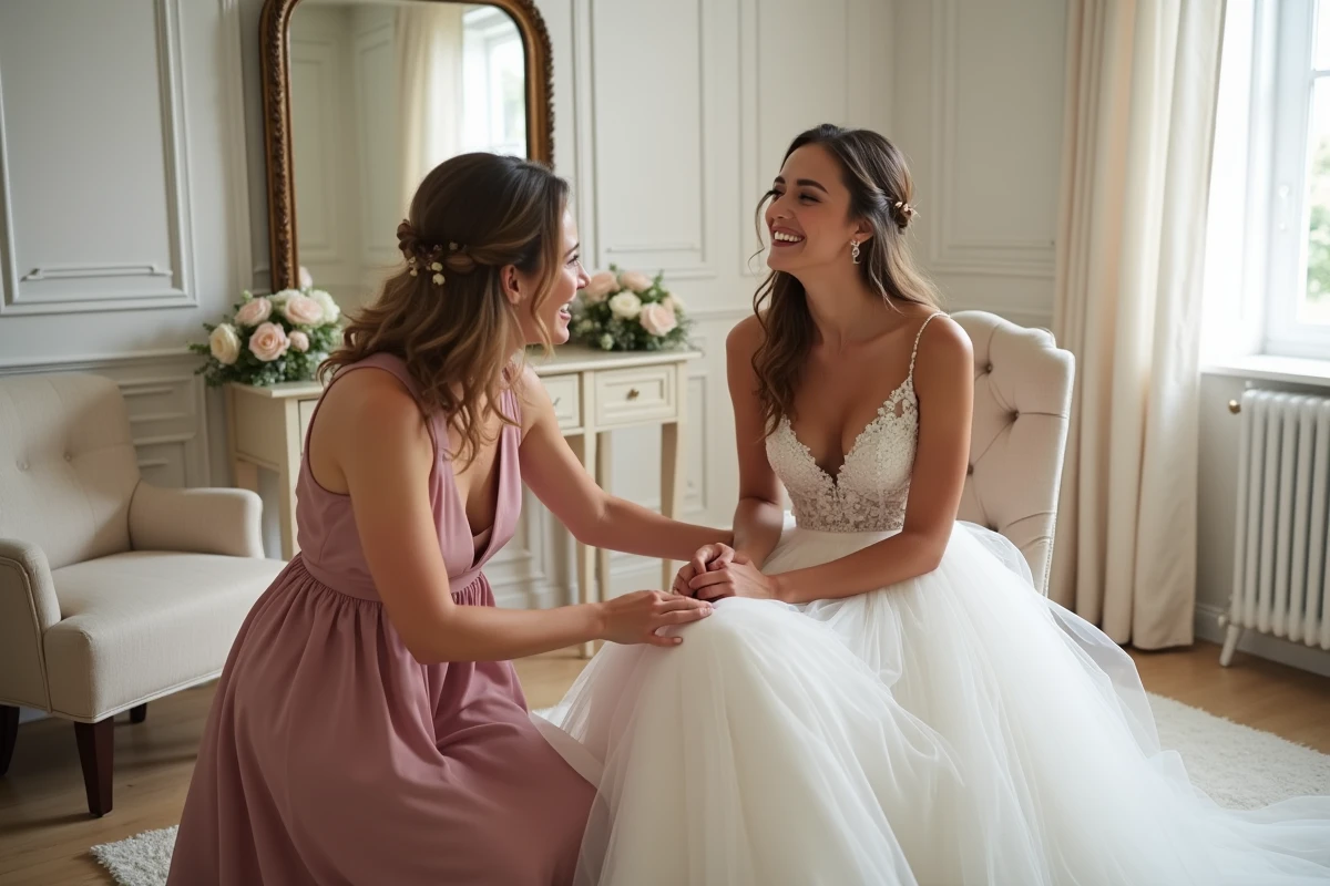Témoin de mariage en robe rose ajustant la robe de la mariée dans un salon de préparation, moment complice et naturel