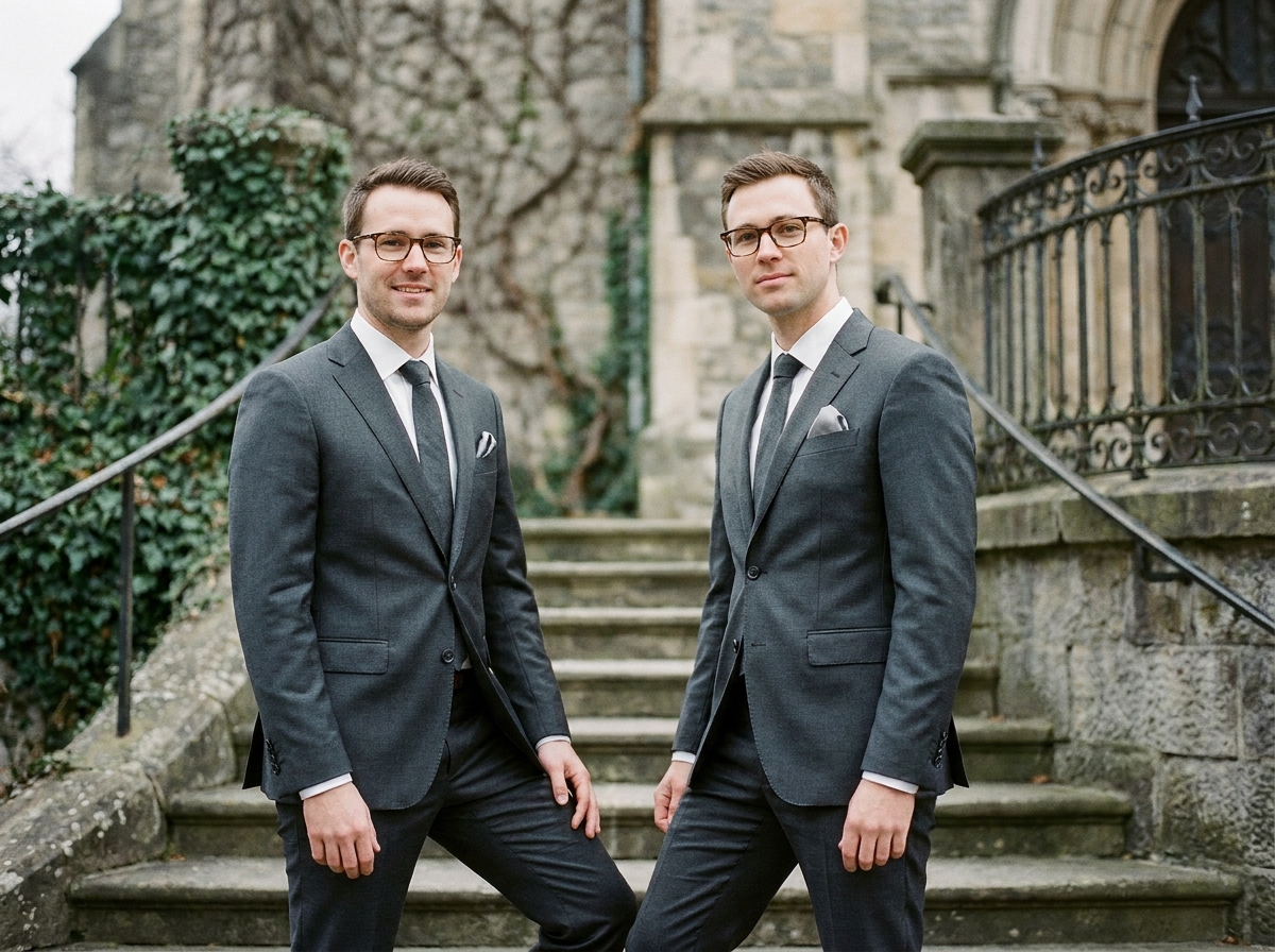 Témoin et garçon d'honneur en costumes gris avec lunettes à montures écaille coordonnées devant une église