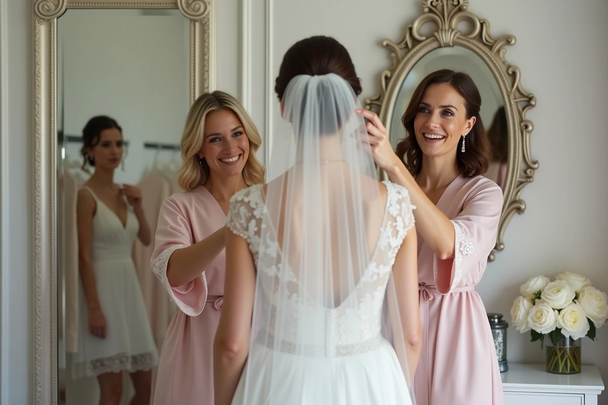 Mariée avec ses témoins féminins dans une loge de préparation le jour du mariage