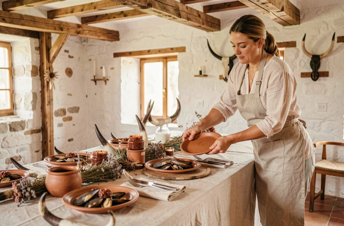 Table de réception de mariage au terroir camarguais dressée par Traiteur Saveurs Camargue, avec gardiane et produits locaux dans un mas authentique