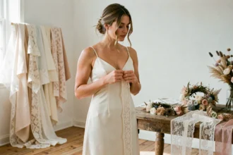 Jeune femme transformant une robe simple en robe de mariée bohème avec de la dentelle et des accessoires dans un atelier lumineux