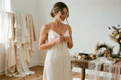 Jeune femme transformant une robe simple en robe de mariée bohème avec de la dentelle et des accessoires dans un atelier lumineux