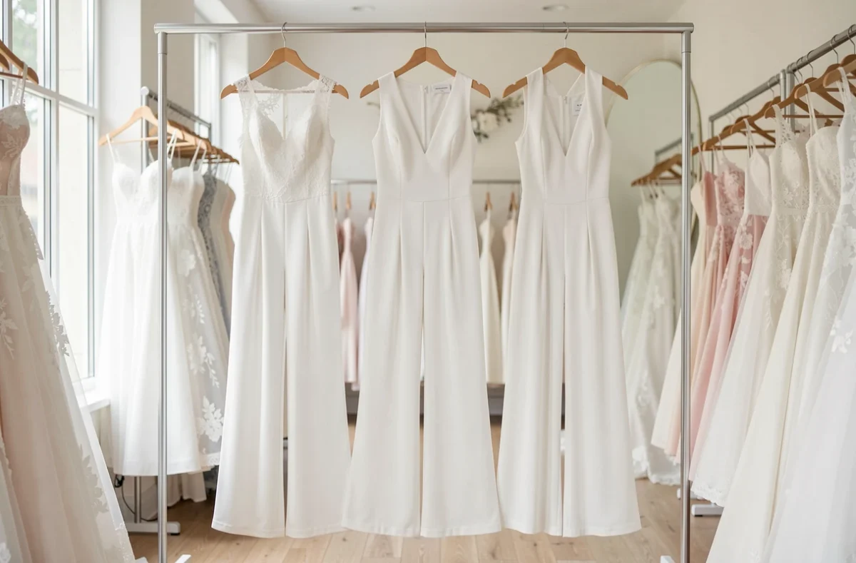 Trois combinaisons blanches de coupes différentes dans une boutique de mariée