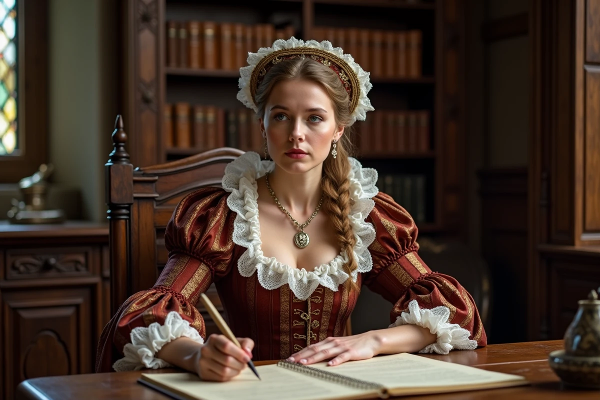 Dame Tudor en costume richement decoré assise à un bureau ancien