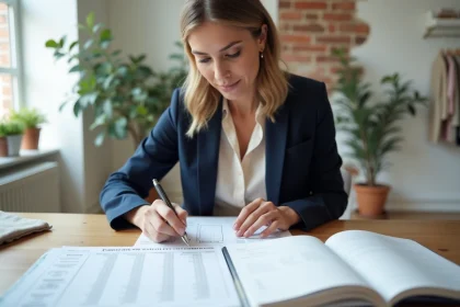 Wedding planner professionnelle en bureau consultant des devis et contrats pour l'organisation complète d'un mariage